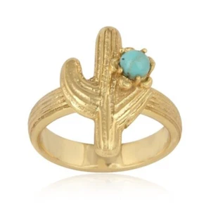 Cactus Textured Design Gold Plated Ring With Arizona Turquoise Stone Jewelry - Picture 1 of 7