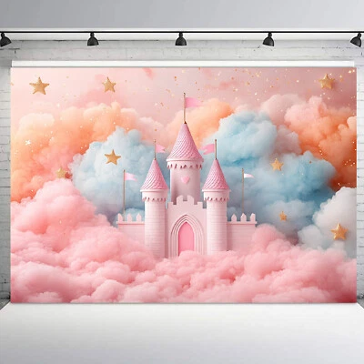 10x8ft Gold Stars Blue Cloud Pink Magic Castle Photo Background Studio Props - Image 1 of 4