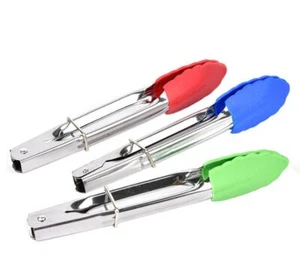 Small Silicone Tongs with Tips Mini Serving Stainless Steel 7-Inch 3 Pieces - Picture 1 of 8