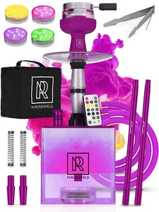 Purple Hookah 2 Hose Hookah Set YADO Square Hookah To Go with Charcoal Holder - Picture 1 of 9