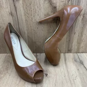 Guess Stilettos Platform Leather Pumps Women's Size 10 M Brown Peep Toe Patches3 - Picture 1 of 19