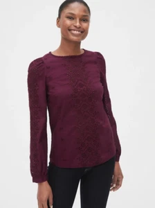 Gap Women's Eyelet Embroidered Blouse, 100% Cotton, Burgundy, Size L, NWT - Picture 1 of 10