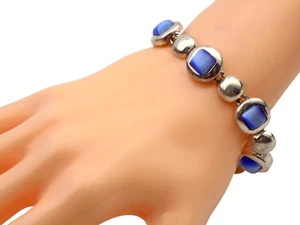 STERLING & BLUE CAT EYE GLASS CIRCLE 8" CHAINED 19.7MM BRACELET 43.2GR #1753 - Picture 1 of 5