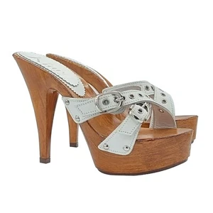 Holzschuhe Weiß Bands Gekreuzt Mit Schnallen Silber Und Absatz 13 CM - - Bild 1 von 5