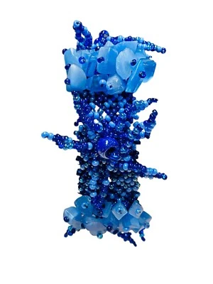 Wide Blue Frosted Glass Chip Seed Bead Flower Bracelet 7 3/4" Floral Adjustable - Image 1 of 4