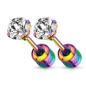 Round Prong Set Clear CZ Gem Stud Earrings Rainbow w/ Gem Screw Back Gay LGBTQ - Picture 1 of 5