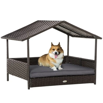 Casa de mimbre PawHut para perros, cama de ratán para mascotas con cojín suave, cesta para gatos - gris Foto 1 de 4