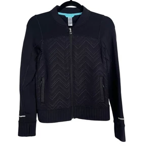 Ivivva Lululemon Girls 12 Black Chevron Scuba Bomber Jacket Neoprene Full Zip - Picture 1 of 10