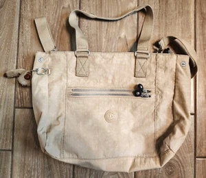 Kipling Large Tote Messenger Bag, Tan Beige w/ Gorilla Key Chain Charm Multi Zip - Picture 1 of 6