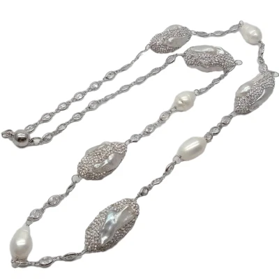 Collar de cadena larga de perlas Biwa blancas cultivadas pavé cristal color plata 33" Foto 1 de 4