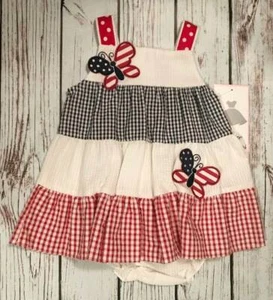 Rare Editions Gingham Butterfly Patriotic Dress Set 6 Months - Picture 1 of 2