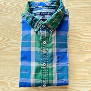 Tommy Hilfiger Large Shirt Mens Green Blue 23" Pit-to-Pit Designer Custom Fit - Picture 1 of 10