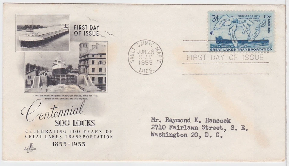 TurtlesTradingPost - Soo Locks Centennial #1069- 1955 FDC Artcraft Cachet - Image 1 of 1