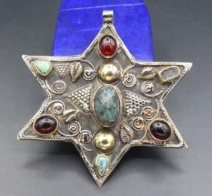 Turkmen Alpaka Star Shape Pendant, Turquoise Stone Tribal Judaica Pendant #P07 - Picture 1 of 8