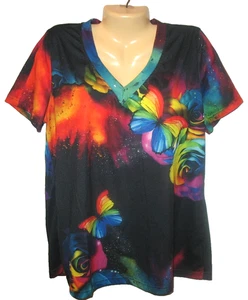 2XL - KURZARM - V-AUSSCHNITT - BUNTER POLYESTER PULLOVER MIT SCHMETTERLINGENPRINT OBERTEIL - Bild 1 von 3