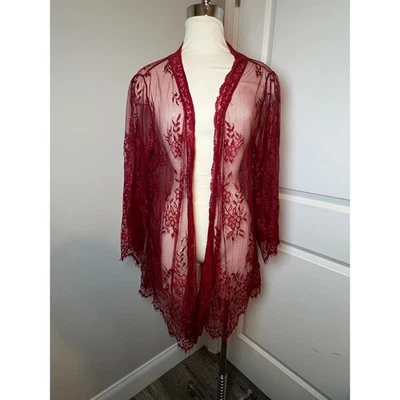Womens Plus Size 3XL Red Lace Kimono Cardigan Duster Sheer Floral - Image 1 of 4