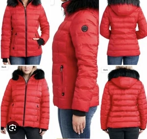 Abrigo acolchado resistente al agua Nautica para mujer rojo negro capucha de piel sintética talla M NUEVO - Imagen 1 de 8