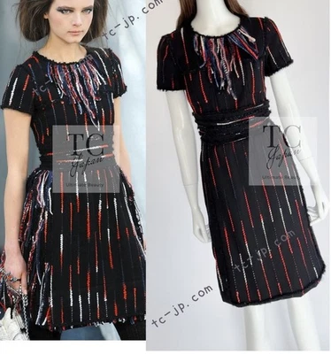 $9.6K Vestido CHANEL 10A Negro Multicolor Lentejuelas Flecos Lana Tweed Karl 36 US4 Foto 1 de 4