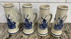 4 Delft Hand Painted Shot Mug Blue Floral Windmill Holland 4 1/2” Bud Vases - Picture 1 of 24