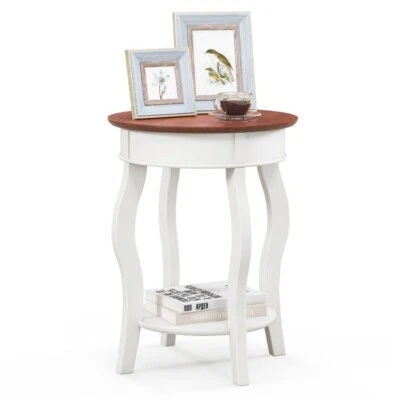 2-Tier Living Room Round Side Table & Storage Bottom Shelf Solid Rubber Wood Leg - Image 1 of 4