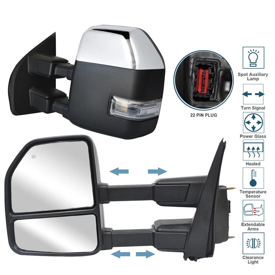 Towing Mirrors For 17-20 Ford F450 F-550 Super Duty Power Heated Signal Chrome - Image 1 of 4
