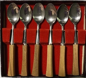 Viking Set of Spoons 6 Stainless Japan Wood Handle 4” MCM New OS orig Package - Picture 1 of 6