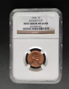 1955 RAGGED CLIP Lincoln Cent Error NGC MS64 RB PICTURES INCLUDED - Picture 1 of 2