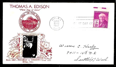 945 3c Stamp (1947) THE THOMAS A. EDISON FDC FROM WALTER CROSBY CACHETS - Image 1 of 2