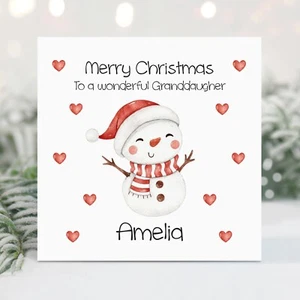 Handmade Personalised Snowman Christmas Card Granddaughter Daughter Niece Girl - Picture 1 of 3