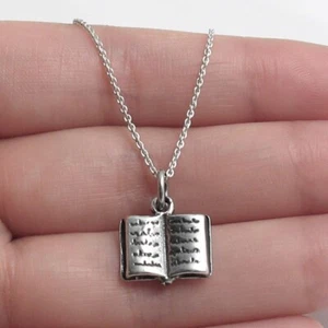 925 Sterling Silver Open Book Reading Literature Bible Charm with Necklace - Picture 1 of 1