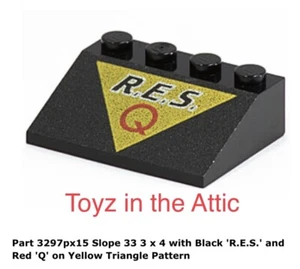 Lego 1x 3297px15 Slope 33 3 x 4 with Black 'R.E.S.' and Red 'Q' on Yellow - Picture 1 of 2