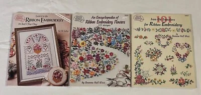 3 Ribbon Embroidery Books w Patterns - Learn + Encyclopedia + 101 Transfers Lot - Image 1 of 4
