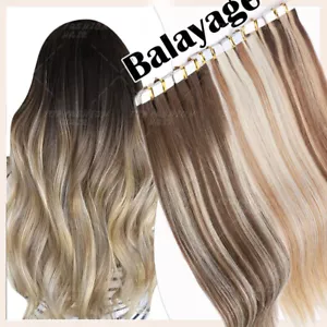 Highlight Weft Tape In Glue Remy 100% Human Hair Extensions FULL Thick Balayage - Picture 1 of 49