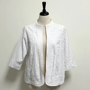 TanJay White Floral Eyelet Pleated Open Front 3/4 Sleeve Lined Jacket 14 - Picture 1 of 9
