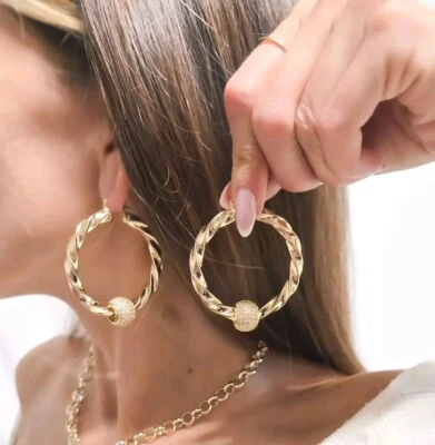 9ct Gold XP 50mm Small Chunky Gold Twist Hoop Earrings With Sparkle Cz Balls  - Image 1 of 4