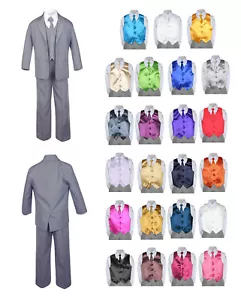 7-teiliger mittelgrauer Anzug Baby Kleinkind Junge formell Party mit Satinweste & Krawatte S-18 - Bild 1 von 25