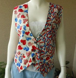 Vintage Vest Patriotic Hearts Size L/XL Button Front Red White Blue - Picture 1 of 5