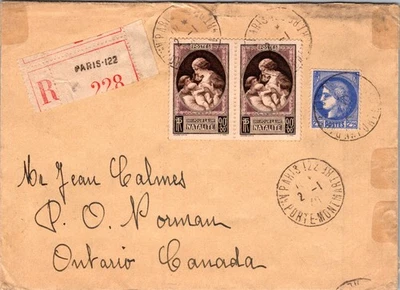 FRANCE 1940 WWII POSTAL REGISTERED COVER MULT FRANKING ADDR CANADA CANC PARIS - Image 1 of 2
