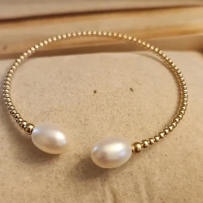 Brazalete con cuentas de perlas cultivadas de oro amarillo de 14k de 7" ajustable Foto 1 de 4