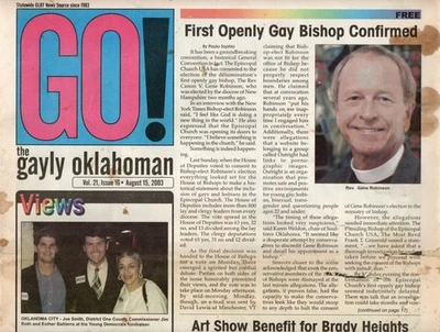 THE GAYLY OKLAHOMAN Gay & Lesbian Newspaper Aug. 15 2003 First Bishop Confirmed Foto 1 de 2