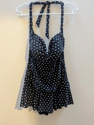 Rose Marie Reid XXL Plus One Piece Halter Swim Suit Dress Polka Dot BLACK - Image 1 of 4