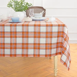 Solino Home Linen Tablecloth for Fall, Thanksgiving, Dining, Party, Orange Plaid - Picture 1 of 5