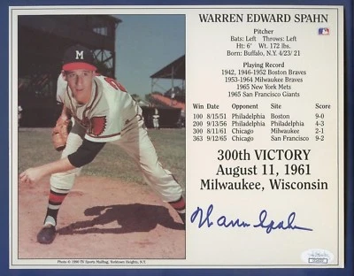 Warren Spahn JSA Authenticated Autographed 8X10" 300th Victory Plaque !!!  - Image 1 of 3