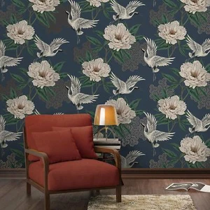 Geometric Flying Cranes Floral Wallpaper Oriental Birds Grandeco Navy 178301 - Picture 1 of 2