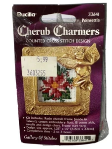 CHRISTMAS Counted Cross Stitch Kit*Cherub Charmers*Bucilla*POINSETTIA Gold Frame - Picture 1 of 3