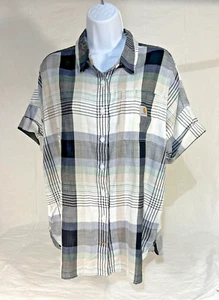 NWT Carhartt Women Button Up Loose Fit Shirt M Plaid Twill Cotton Short Sleeve - Picture 1 of 10