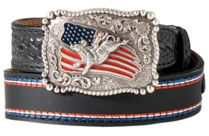 3D Western Boys Belt Youth Leather Flag Bullrider Buckle Black D120003501 - Picture 1 of 1