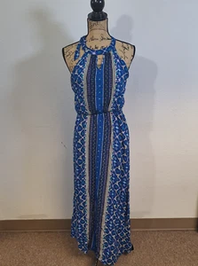 Elle Rayon Halter Maxi Dress Sleeveless Summer Medallion Blue Women’s Size S - Picture 1 of 17