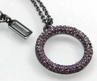COACH Pendant Necklace Circle Purple Rhinestone Shiny Black Chain - Image 1 of 4