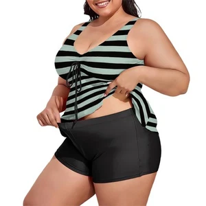 Plus Size Black & Mint Green Striped Tankini Swimsuit Set - Sizes XL-6X - Picture 1 of 7